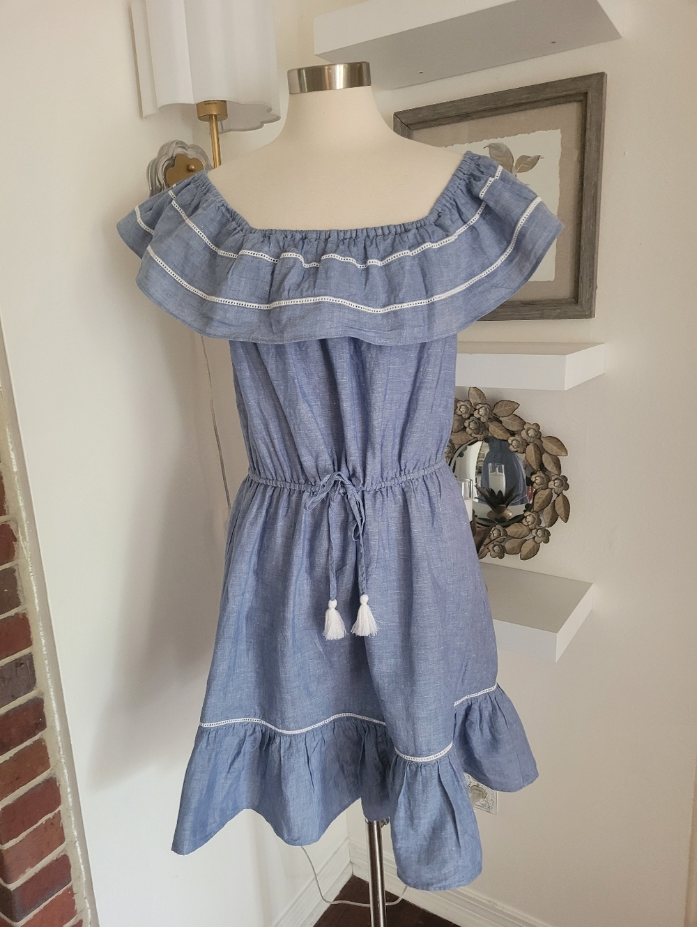 J Crew Blue Off-Shoulder Ruffle Dress with Tassel Tie Size Large